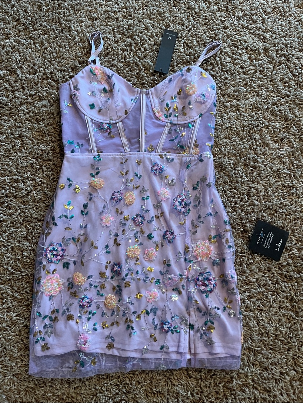 Lulu's Lavender Floral Sequin Mesh Mini Dress